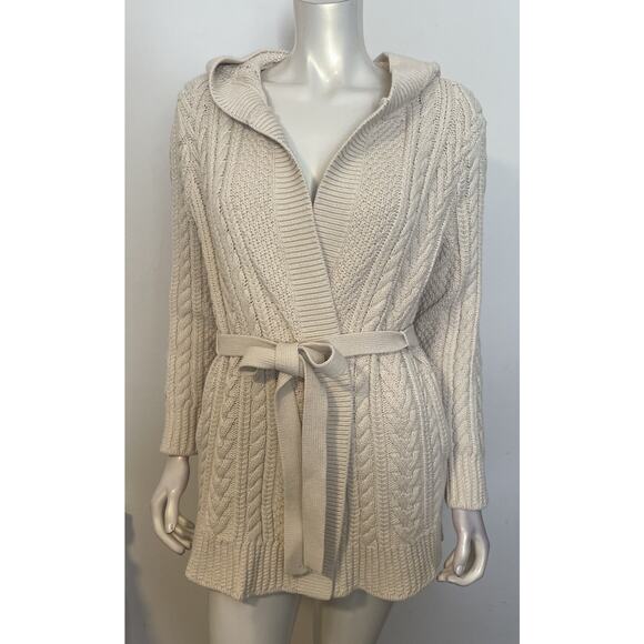 LL Bean Ivory Cotton Belted Cardigan Womens M LS Pockets Hood - Picture 2 of 9